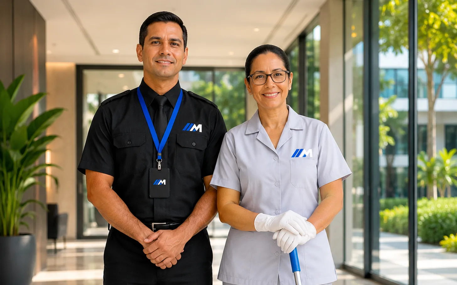 Equipe uniformizada da M. Cavalcante em lobby moderno e iluminado